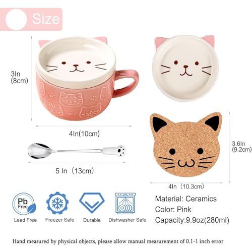 Gifts for Women Her Cute Kawaii Pink Cat Coffee Mugs with Lids,Christmas Birthday Presents for Girls Friend Kids Men Wife Mum Grandma Teacher,Novelty Animal Coffee Ceramic Tea Cup Dessert Saucer Set - Image 3