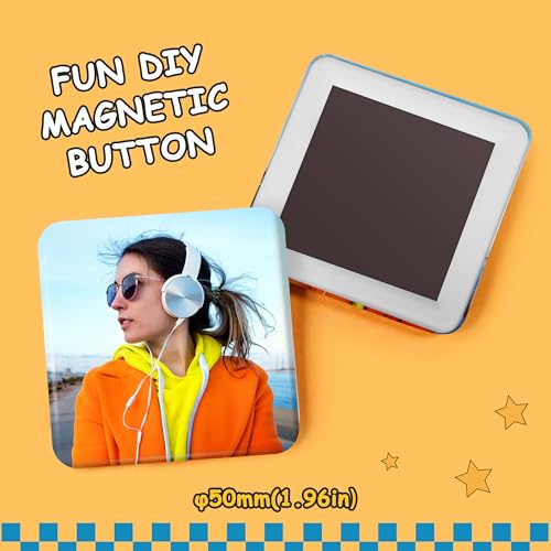 Kühlschrankmagnet-Button-Set 50 mm × 50 mm, 100 Stück quadratische Kühlschrankmagnet-Aufkleber, Button Maker mit Metallgehäuse, Kunststoffrückseite, weichem Magneten und Regenbogenfolie