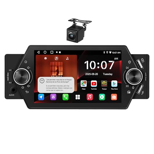 ATOTOZONE Android Radio Coche 1 DIN, CarPlay y Android Auto inalámbrico, Pantalla de Coche táctil de 5", Conexión por WiFi, Bluetooth y USB, DSP/FM/RDS/GPS, MirrorLink, Cámara de Marcha atrás, 2G+32G