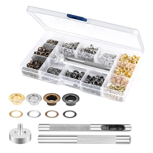 TNOMSNO 400 pieces eyelets, four colours, inner diameter 5 mm, made of copper and with 3-piece tool eyelets set, eyelets for tarpaulins for shoes, clothing, leather bags and DIY craft projects etc TNOMSNO 400 pieces eyelets, four colours, inner diameter 5 mm, made of copper and with 3-piece tool eyelets set, eyelets for tarpaulins for shoes, clothing, leather bags and DIY craft projects etc
