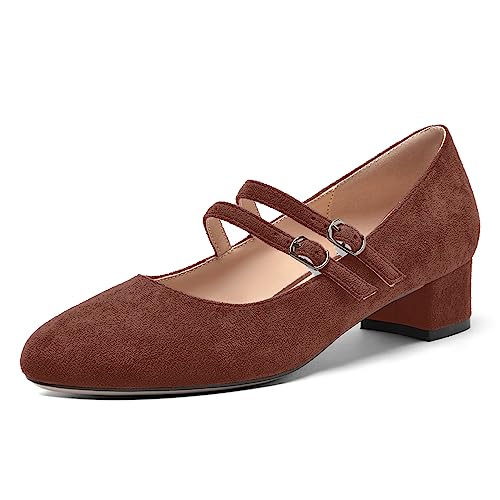 AMBELIGHT Womens Suede Mary Jane Dating Adjustable Strap Buckle Cute Round Toe Solid Block Low Heel Pumps Shoes 1.5 Inch - Main Image