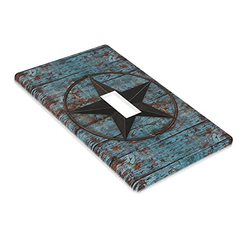 Rustic Wood Board Western Texa Star Single Toggle Light Switch Cover 1 Gang Wall Plate Decorative Blue Brown Plank Switchplate Electrical Faceplate For Farmhouse Bathroom Bedroom Home Decor #TOP2