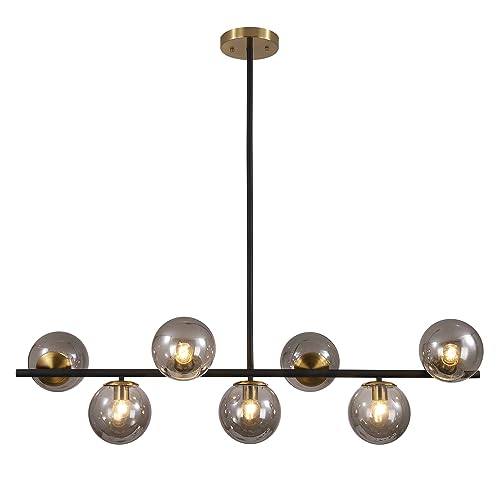 Image of KCO 7-Light Mid Century Modern Black Brass Gold Linear Sputnik Chandelier | E26 Bulb Included, 5.9 inch Canopy, Adjustable Height, 5.9 inch Smoke Glass Globe Pendant Light for Sloped Ceiling Dining Room Table