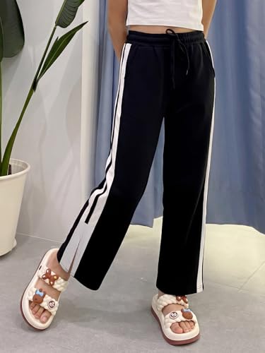 Image of Li'l Tomatoes Girls Cotton Track Pants | Soft & Comfortable Casual Summer Lower for Girls | Elastic Waist with Drawstring Everyday Wear | Side Stripe Straight Fit Trackpant | 9-16 Years |