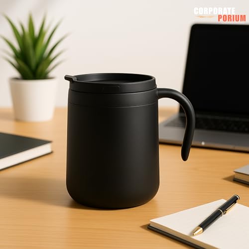 Image of CORPORATE PORIUM Stainless Steel Coffee Mug 350 ML | Double Wall Coffee Mug Steel from Inside | Hot & Cold for 4 Hours | Office Coffee Cup with Leakproof Lid (Cute Cup)