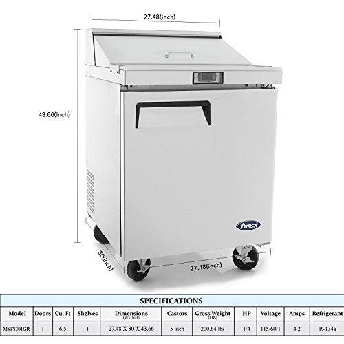 Salad Sandwich Prep Table Refrigerator,Atosa Commercial 1 Door Stainless Steel Salad Sandwich Prep Table Refrigerator Msf8301 For Restaurant Kitchen 6.5 Cu.ft. 27.5W30D43.7H Inch 33℉—38℉ #TOP2