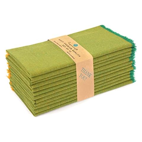 FINGERCRAFT Dinner Cloth Napkins, Everyday Use, Premium Quality 100% Cotton Perfect for Parties Dinners Weddings Cocktail Christmas Napkins Washable & Reusable 20x20 Fringe (leaf green/yellow) Cover