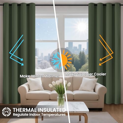 Image of COSVIYA 100% Greyish Green Blackout Curtains for Kids Room 63 Inch Length | Room Darkening Light Blocking Drapes for Bedroom, Grommet Thermal Insulated Window Panels with Black Liner, W52xL63,2 Panels