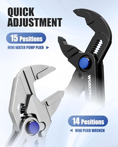Image of WORKPRO 2-Piece Mini Pliers Set, 4-Inch Water Pump Pliers & Pliers Wrench | Alloy Steel, Anti-Rust Coating, Quick Adjustment, Mini Groove Joint Plier & Smooth Jaw Plier, Pocket Size, Everyday Carry