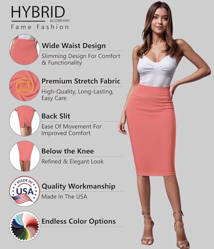 Image of Hybrid & Company Women's Premium Nylon Ponte Stretch High Waist Pencil Suit Skirt Below Knee