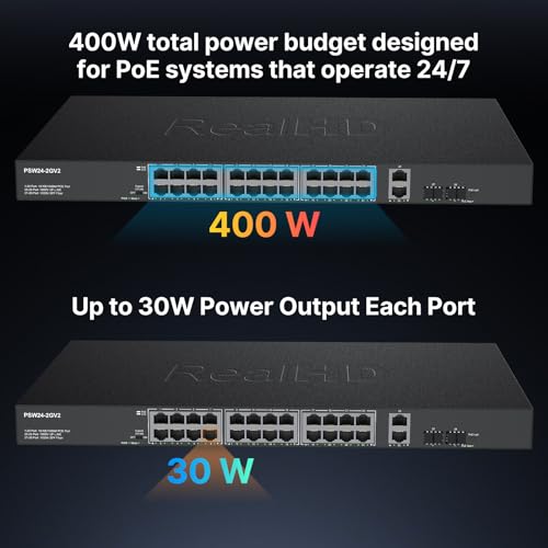 Image of 24 Port Full Gigabit PoE Switch with 2 Uplink Gigabit Port & 2 SFP Port, 24 Port PoE+ Network Switch, Total Budget 400W, 48V Standard POE, 802.3af /at Compliant, Unmanaged Plug and Play, Rack Mount