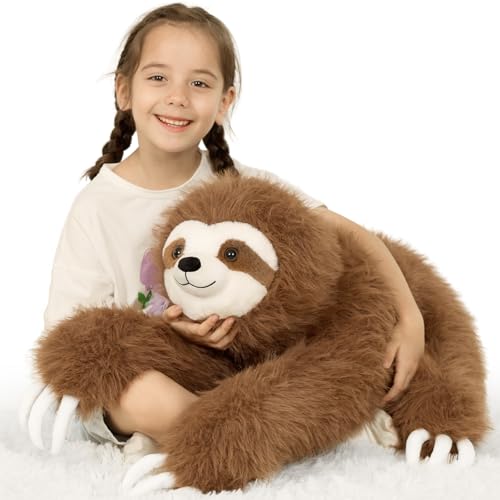 BENINY Large Sloth Stuffed Animals 28', Realistic Three Toed Big Sloth Plush with Snap Button Hands for Hanging, Gifts for Teens Adults Decors