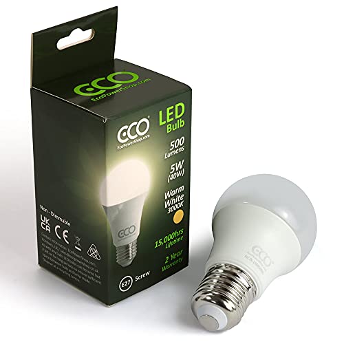 ECO 40W E27 Edison Screw Energy Saving LED Light Bulb, Low Energy 5W LED, 500 Lumens, Warm White 3000K, 15,000Hrs Lifetime. 1x PACK.