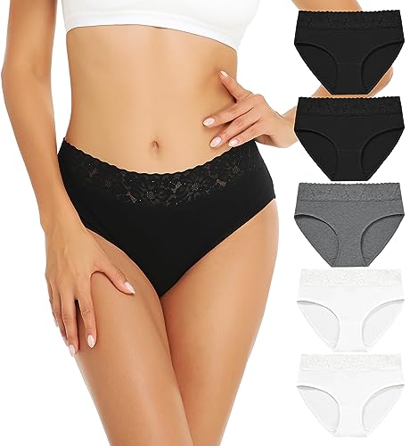 Image of RHYFF Womens Underwear Cotton Bikini Panties Lace Soft Hipster Panty Ladies Stretch Full Briefs 5 Pack