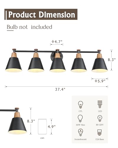 Image of FEMILA 37.4 inch Black Vanity Light, Black Bathroom Light Fixture, Bathroom Lighting Fixtures Over Mirror with Matte Black Finish, 4FG59B-5W BK