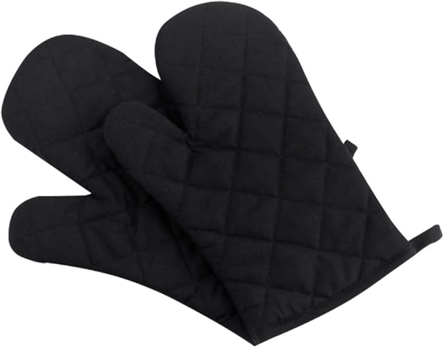 Klmnop Kitchen Cotton Cute Long Microwave Oven Mitts for Heat Resistant with 320°F, Kitchen Gloves for BBQ Cooking Baking 1 Pair Black