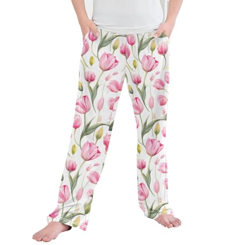 Pink Tulip Flower Long Pajama Pants Elastic Waist PJ Bottoms with Pockets S A111485