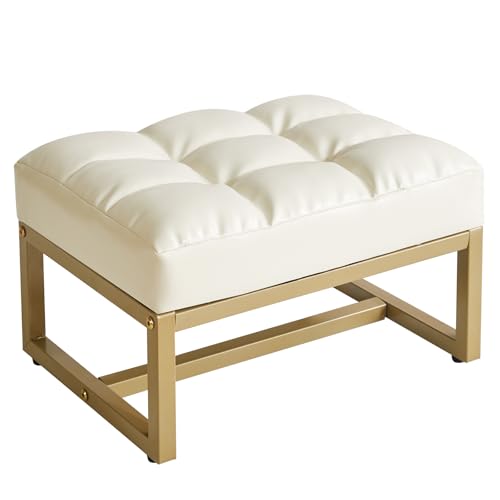 Aibiju Reposapiés Pequeño Otomano, Taburete Rectangular de Piel Sintética con Marco de Metal Dorado, Taburete para Cambiar Zapatos para Sala de Estar, Dormitorio, Entrada, Oficina, Blanco YD JD139W