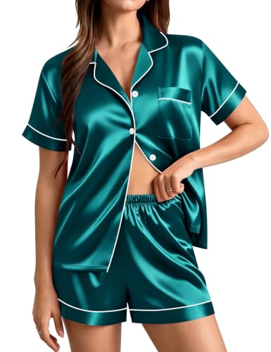 Image of SWOMOG Womens Silk Satin Pajamas Set Short Sleeve Sleepwear Button Down Top and Shorts Loungewear 2 Piece Pjs Set XS-3XL