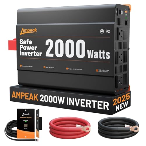 Image of Ampeak 2000W Power Inverter, Inverter 12V to 110V Modified Sine Wave, High Conversion Efficiency 89%, 30W PD 18W USB, 3 AC Outlets for Camping