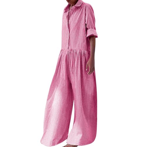 Combinaison femme à carreaux avec pantalon large et col boutonné élégant