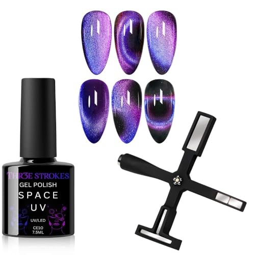 Image of THR3E STROKES 9D Cat Eye Gel Nail Polish 7.5ML - Glitter Magnetic Gel with 3D Shimmering Effect - 5 in 1 Magnet Set - UV /LED Soak Off Gel for Nail Art & DIY Manicure at Home (CE10)