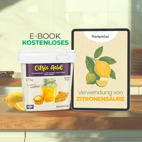 Nortembio Zitronensäure in Lebensmittelqualität, 100% rein 2 x 500 g – natürlichen Ursprungs, ohne Gentechnik – für Küche, Backen, Marmeladen & Käse + kostenlosem Rezeptbuch