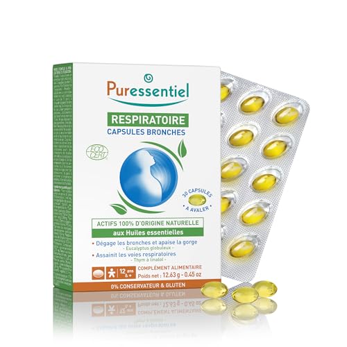 Puressentiel - Respiratoire - Capsules Bronches aux huiles essentielles Bio - Actifs 100% d'origine naturelle - Dégage les bronches, apaise la gorge &...