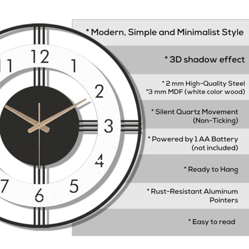 Image of Arabs Morden Metal & Wooden Analog Wall Clock for Living Room Bedroom Office Kitchen Stylish Wall Clock for Home and Hall Designer Big Size Modern (Round White, 50 CM)