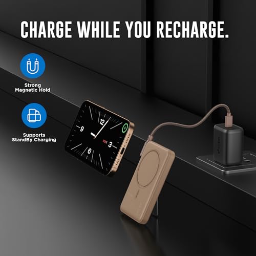 Image of URBN One Premium MagSafe Power Bank 5000mAh | 15W Fast Magnetic Wireless Charging | Built-in Detachable Type C Cable | Dual Port with Pass Through Charging (Mocha)