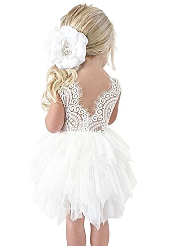 AmzBarley Robe de Fille Enfant Fleur Dentelle Tulle Tutu Robes Petites Filles sans Manches Robes pour Soirée Fête Mariage Anniversaire Partie Blanc 1-2 Ans