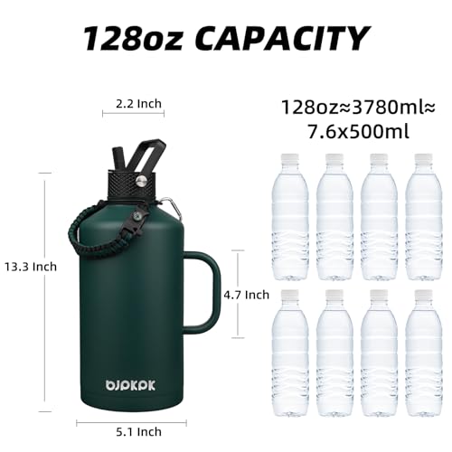 Image of BJPKPK 1 Gallon Water Bottle Insulated with Straw Lid, 128oz Large, Stainless Steel Water Bottles with 3 Lids and Paracord Strap, Double Wall Vacuum Metal Water Jug,Army Green