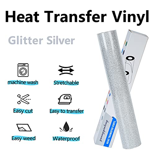 Image of guangyintong Glitter Silver Heat Transfer Vinyl HTV Rolls, 12 inch x 8ft Iron on Vinyl for T-Shirts, HTV Vinyl for All Cutter Machines Easy to Cut & Weed for Heat Vinyl Design