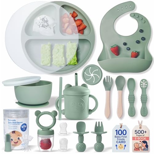 Image of Remonda 23-Piece BPA-Free Silicone Baby Feeding Set | Extra Large Suction Plates, Toddler Bowls, Self Feeding Spoons, and More | Dishwasher Safe| Baby Led Weaning Supplies (Green）01