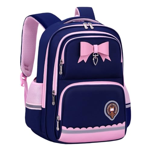 Amythe Mochila escolar para niña de 1 a 5ª clase, mochila ergonómica para niños con reflectores, ligera mochila escolar para niñas con bonito lazo para escuela y viajes, azul marino