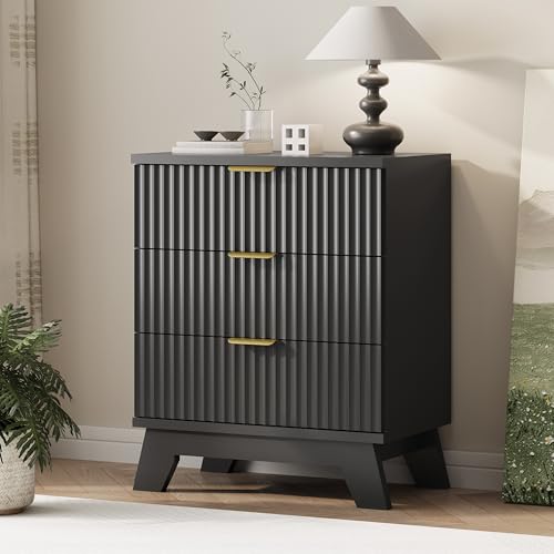 Image of Fluted Dresser for Bedroom with 3 Drawers, 24 inch Wide Modern Chest of Drawers with Metal Handle, Wooden Dresser TV Stand, Wood Closet Clothes Storage Drawer Organizer for Living Room, Hallway, Black