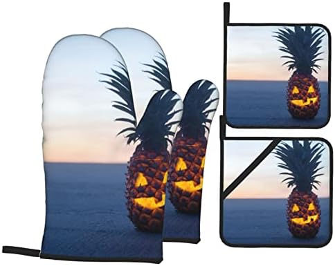 Pineapple Fruit Oven Mitts and Pot Holders Set Durable Heat Insulation Waterproof Kitchen Oven Gloves for Baking Cooking BBQ Pack of 4