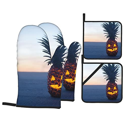 Pineapple Fruit Oven Mitts And Pot Holders Set Durable Heat Insulation Waterproof Kitchen Oven Gloves For Baking Cooking Bbq Pack Of 4 #TOP3