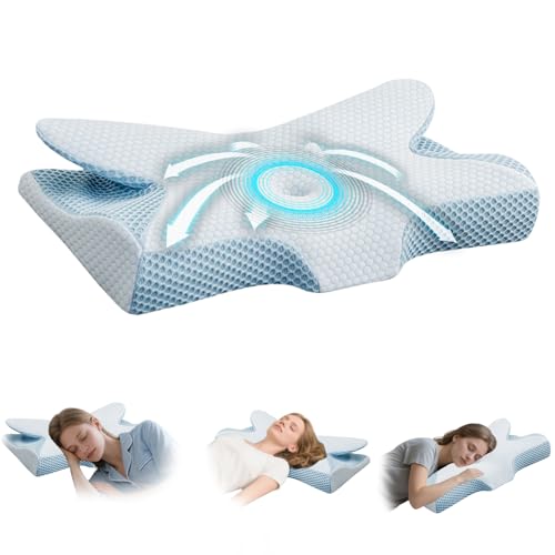 DaMohony Almohada cervical de espuma viscoelástica, almohada ortopédica ergonómica para el dolor de cuello y hombros, con funda de seda de hielo extraíble para dormir de espalda, boca abajo