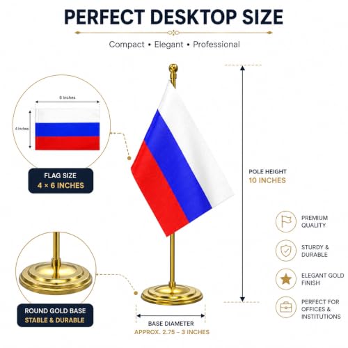 Image of The Flag Company Gold Acrylic Pole with Round Base | Desk Flag for Office, Reception & Home Decor (Russia)