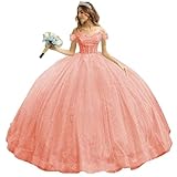 KPDFIF Elegant Tulle Quinceanera Dresses Coral Ball Gown Plus Size Off Shoulder 15 Dresses for Quinceanera with Bow 2024 Beaded Birthday Dresses 18