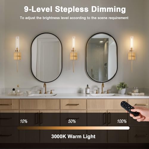 Image of Wireless Wall Sconces with Remote Control, Brushed Gold Battery Operated Wall Sconce Set of 2, Dimmable Rechargeable Wall Decor Lights for Living room Dining room Bathroom Bedroom Hallway Stairwell