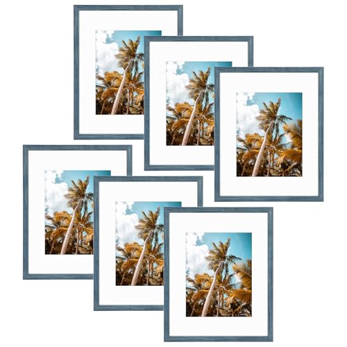 Image of Frametory, 16x20 Picture Frame with Mat for 11x14 Picture - High Definition Glass Wide Molding - Preinstalled Wall Mounting Hardware (Blue, 6 Pack)
