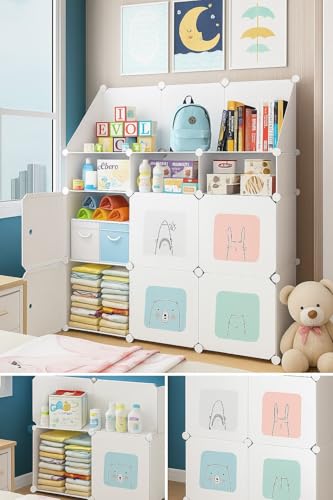 Image of Plastic Wardrobe for Kids Clothes - 6 Door Foldable Cupboard for Bedroom, Baby Clothes Storage Almirah with Doors, Collapsible Wardrobe Kids for Home (D5 Green)