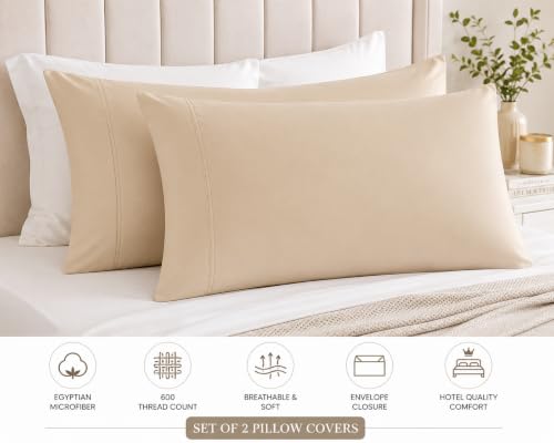 Image of Soft Pillow Covers 19 x 30 Inches - Egyptian Cotton 600 Thread Count Set of 2 Pillow Cover Set Envelope Closure Hotel Quality Pillowcase - Beige