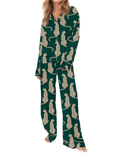 SHESHOW Satin Pajamas Set for Women Set Long Sleeve Button Down Pjs Sets 2 Piece Loungewear Animal Sleepwear XS-XXL