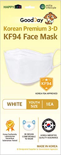 (Pack Of 30) Premium 3D Disposable White Kids Kf94- Face Mask, Youth Mask, Age 5-15 Old, 4-Layer Filters, Protective Nose Mouth Covering Dust Mask, Individual Packs, White Color, Made In Korea. (30) #TOP4
