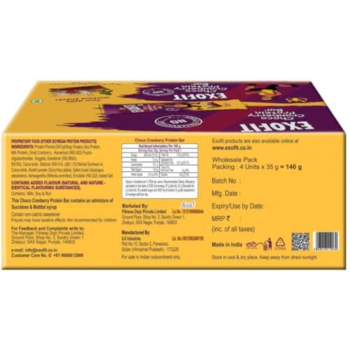 Image of Exofit Choco Cranberry Protein Bar 35 gm (Pack of 4 Bar) Protein Blend, High fiber, Low Calories & Carbs, No Added Preservatives, No Added Sugar - 140g