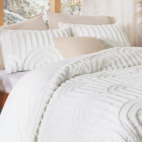 Image of Bedsure Boho Tufted White Comforter Full Size, GentleSoft 3 Pieces Boho Farmhouse-Style Decor Bedding, Arch Bedding for All Seasons, 1 Bed Comforter, 2 Pillow Shams, 82x86 Inches