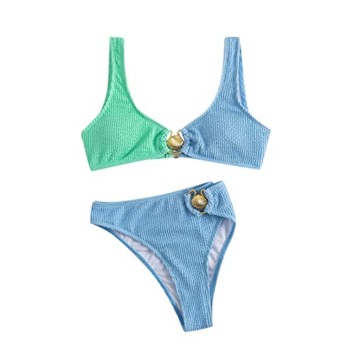 Camiseta para hombre y mujer, de verano, playa, de contraste, bikini para mujer, sexy, split, azul, S